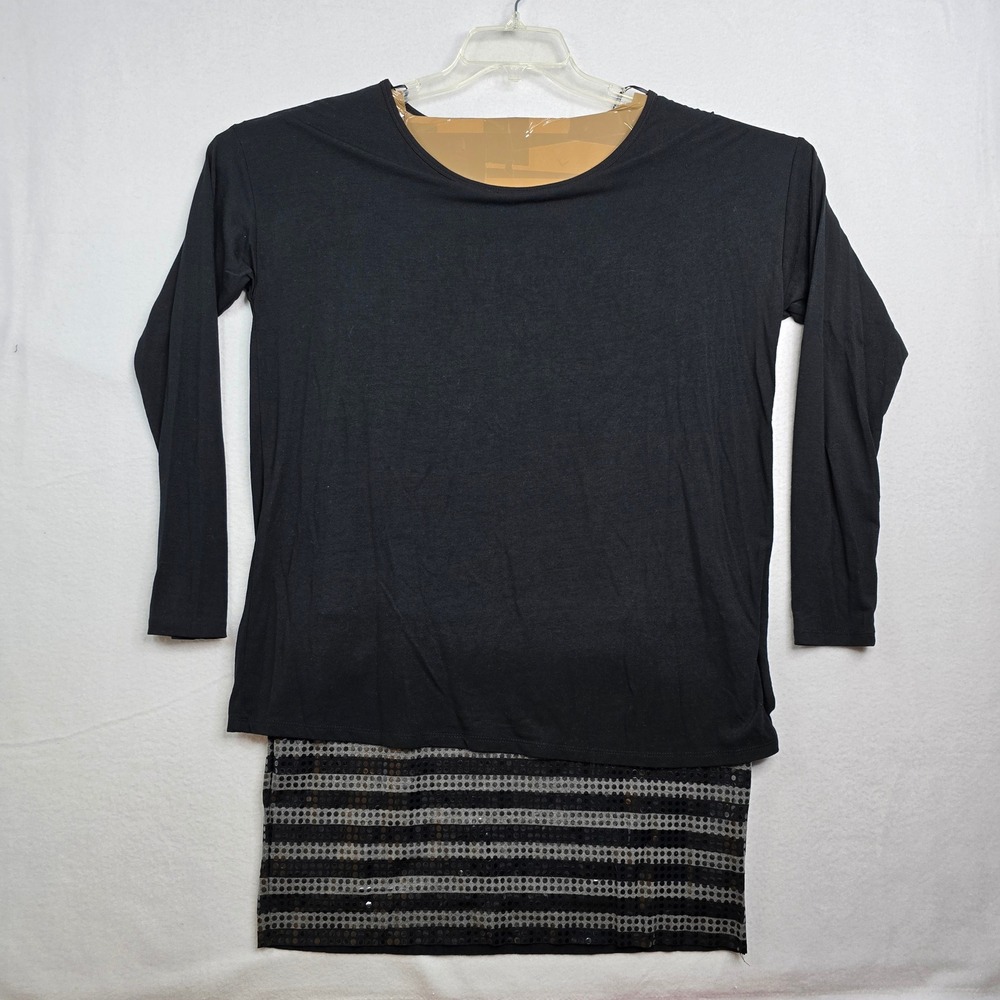 JANA‎ Black Long Sleeve Sequin Trim bottom blouse Top M bodycon cinched fit y2k